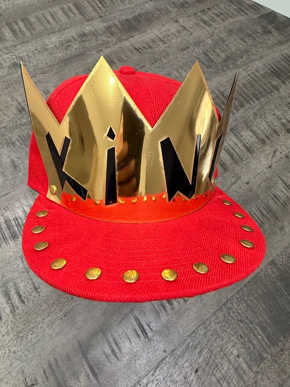 Red Crown-Accent Snapback Hat with Gold Studs/USED